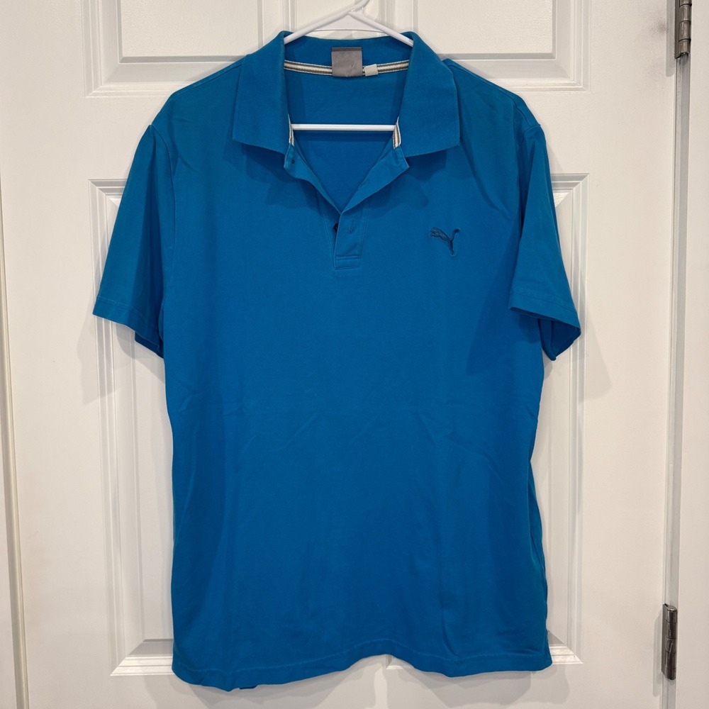 Puma Mens‎ Short Sleeve Pique Polo Shirt Blue Size Large Embroidered Logo Golf